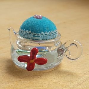Teapot hand blown glass pin cushion